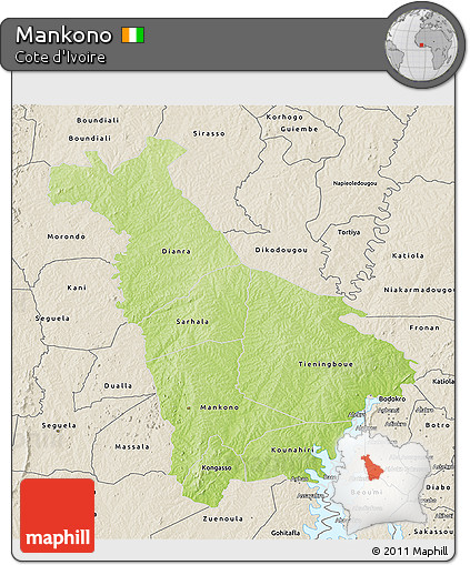 Physical 3D Map of Mankono, shaded relief outside