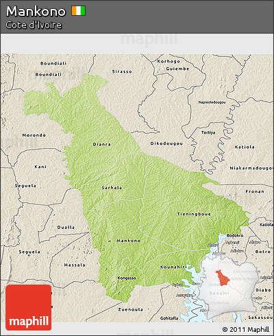 Physical 3D Map of Mankono, shaded relief outside