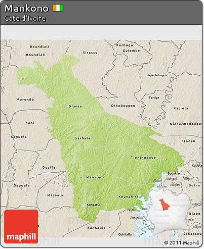 Physical 3D Map of Mankono, shaded relief outside