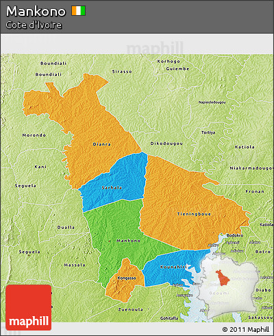 Political 3D Map of Mankono, physical outside