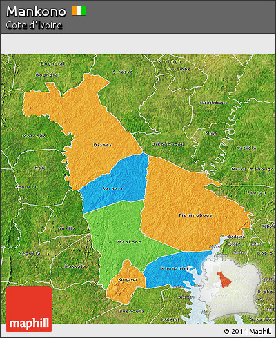 Political 3D Map of Mankono, satellite outside