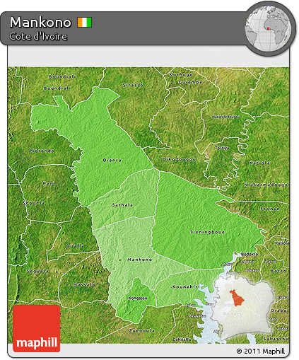 Political Shades 3D Map of Mankono, satellite outside