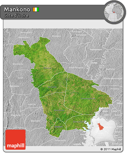 Satellite 3D Map of Mankono, lighten, desaturated