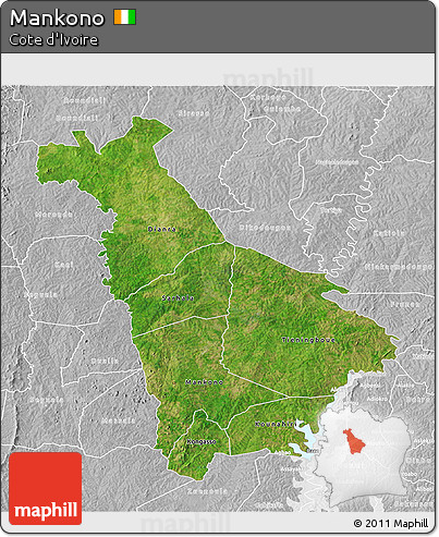 Satellite 3D Map of Mankono, lighten, desaturated