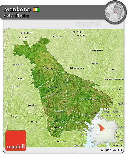 Satellite 3D Map of Mankono, physical outside