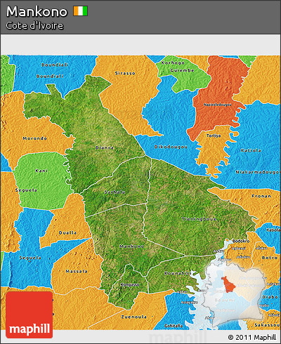 Satellite 3D Map of Mankono, political outside