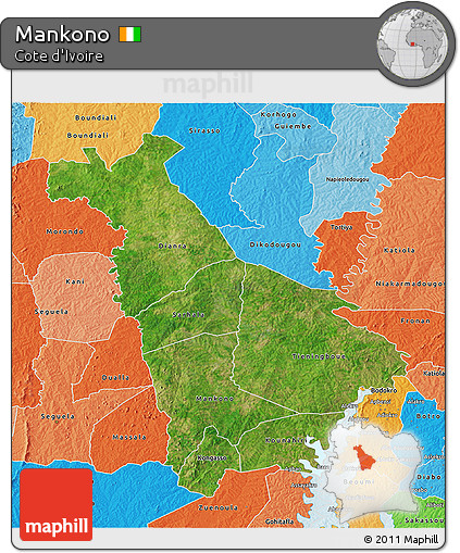 Satellite 3D Map of Mankono, political shades outside