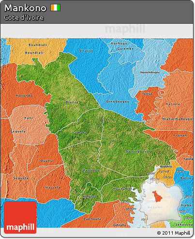 Satellite 3D Map of Mankono, political shades outside