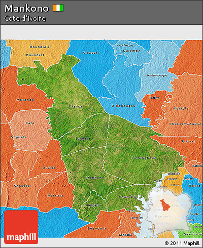 Satellite 3D Map of Mankono, political shades outside