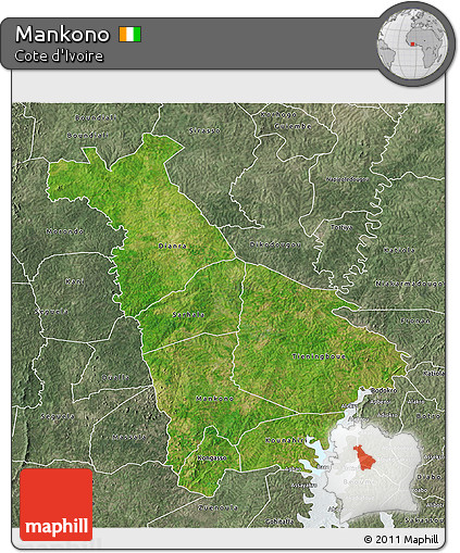 Satellite 3D Map of Mankono, semi-desaturated