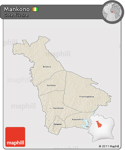 Shaded Relief 3D Map of Mankono, cropped outside