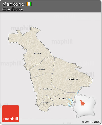 Shaded Relief 3D Map of Mankono, cropped outside
