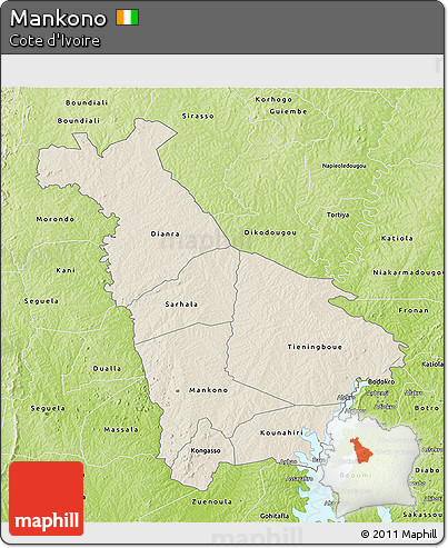 Shaded Relief 3D Map of Mankono, physical outside