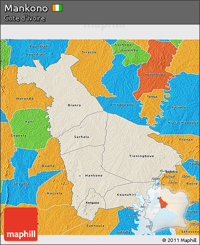 Shaded Relief 3D Map of Mankono, political outside