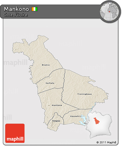 Shaded Relief 3D Map of Mankono, single color outside