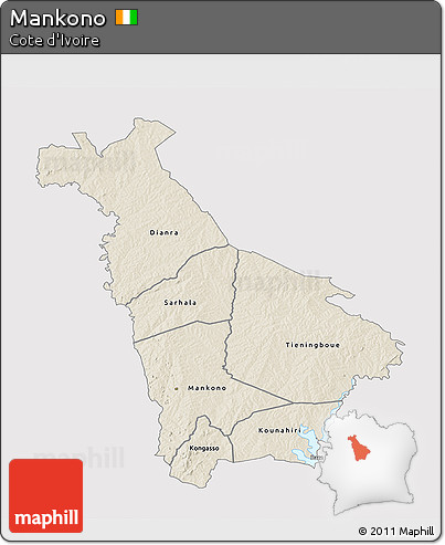 Shaded Relief 3D Map of Mankono, single color outside
