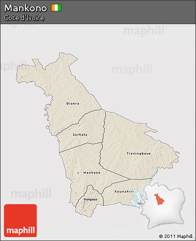 Shaded Relief 3D Map of Mankono, single color outside