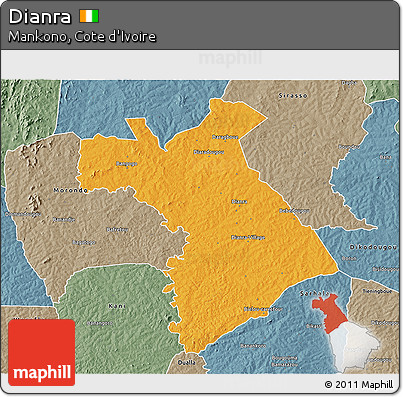 Political 3D Map of Dianra, semi-desaturated