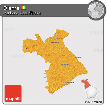 Political 3D Map of Dianra, single color outside