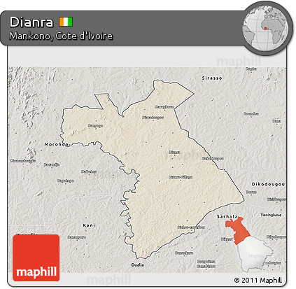 Shaded Relief 3D Map of Dianra, semi-desaturated