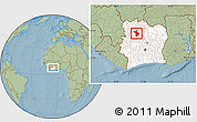 Savanna Style Location Map of Dianra, highlighted country, within the entire country, hill shading