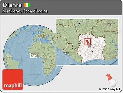Savanna Style Location Map of Dianra, highlighted country, highlighted parent region, hill shading