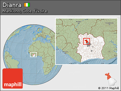 Savanna Style Location Map of Dianra, highlighted country, highlighted parent region, hill shading
