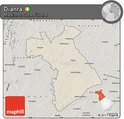 Shaded Relief Map of Dianra, semi-desaturated
