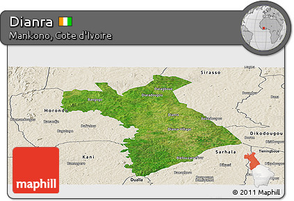 Satellite Panoramic Map of Dianra, shaded relief outside