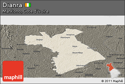 Shaded Relief Panoramic Map of Dianra, darken