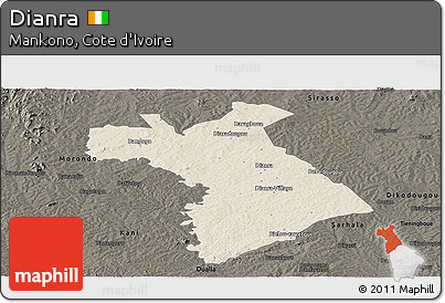 Shaded Relief Panoramic Map of Dianra, darken