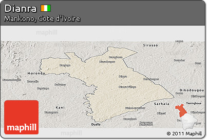 Shaded Relief Panoramic Map of Dianra, semi-desaturated