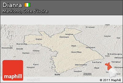 Shaded Relief Panoramic Map of Dianra, semi-desaturated