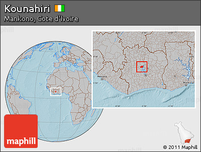 Gray Location Map of Kounahiri, within the entire country, hill shading