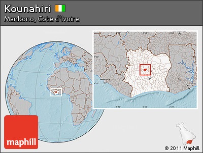 Gray Location Map of Kounahiri, highlighted country, hill shading