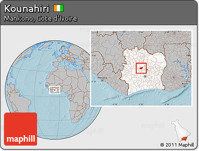 Gray Location Map of Kounahiri, highlighted country, hill shading