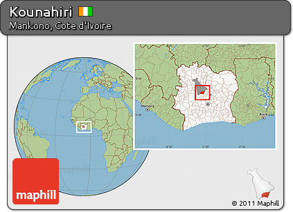 Savanna Style Location Map of Kounahiri, highlighted country, highlighted parent region, within the entire country