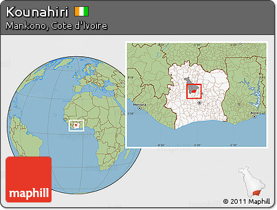 Savanna Style Location Map of Kounahiri, highlighted country, highlighted parent region, within the entire country
