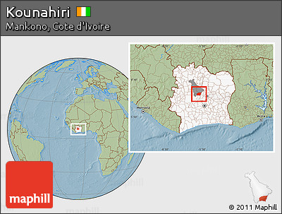 Savanna Style Location Map of Kounahiri, highlighted country, highlighted parent region, within the entire country, hill shading