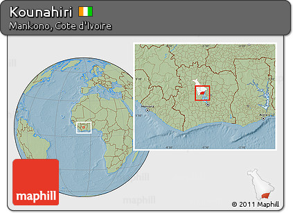 Savanna Style Location Map of Kounahiri, highlighted parent region, within the entire country, hill shading