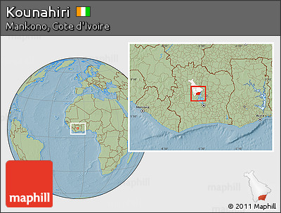 Savanna Style Location Map of Kounahiri, highlighted parent region, within the entire country, hill shading