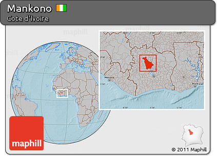 Gray Location Map of Mankono, within the entire country, hill shading