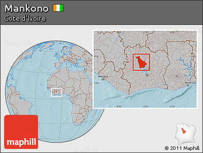 Gray Location Map of Mankono, within the entire country, hill shading