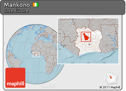 Gray Location Map of Mankono, highlighted country, within the entire country, hill shading
