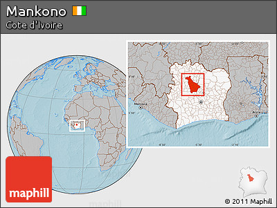 Gray Location Map of Mankono, highlighted country, within the entire country, hill shading