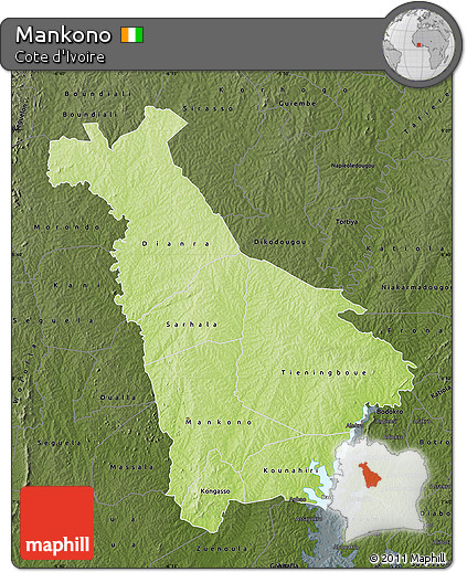 Physical Map of Mankono, darken