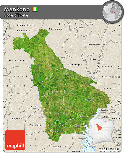 Satellite Map of Mankono, shaded relief outside