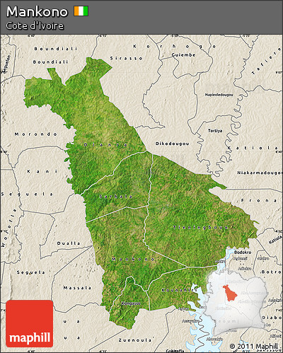 Satellite Map of Mankono, shaded relief outside