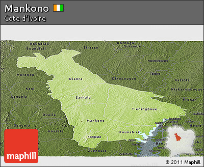 Physical Panoramic Map of Mankono, darken