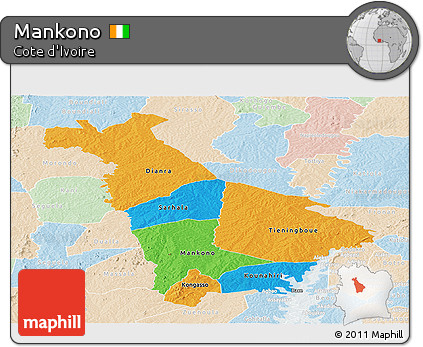 Political Panoramic Map of Mankono, lighten
